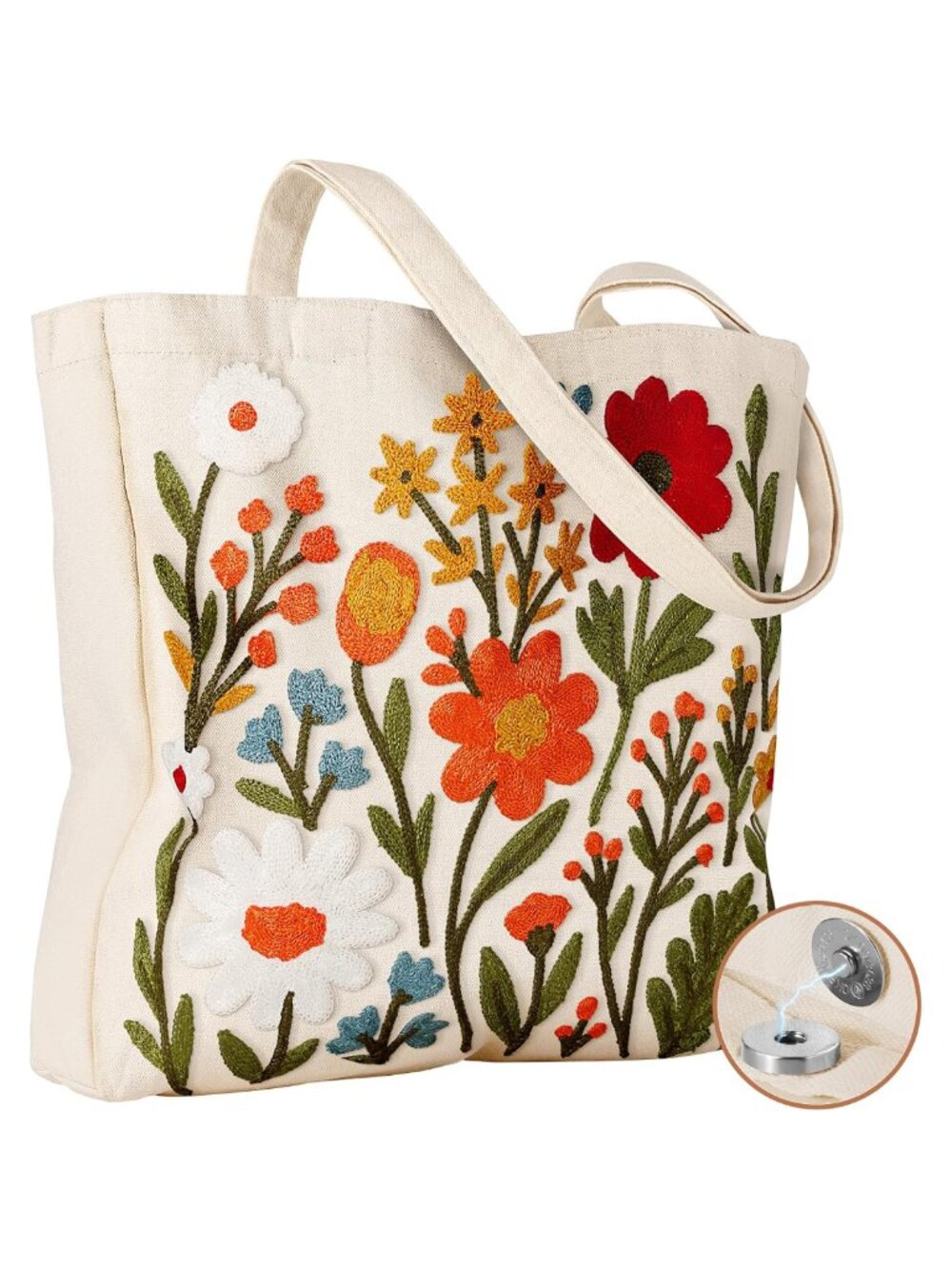 Linen Canvas Tote Bag Buckle 3D Embroidery Reusable Grocery Shoulder Bag